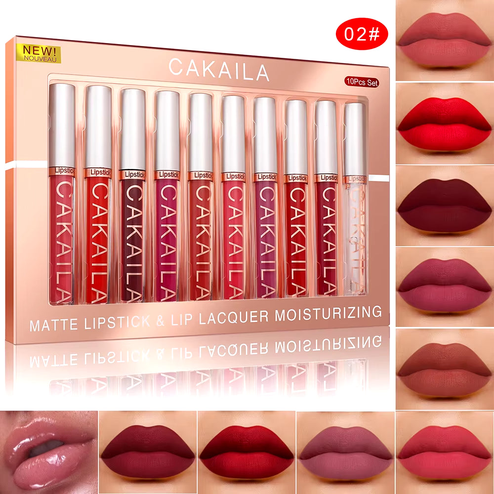 10Pcs/Set Nude Lip Gloss Matte Velvet Lipstick Waterproof Long-Lasting Liquid Lipstick Women Moist Lip Tint