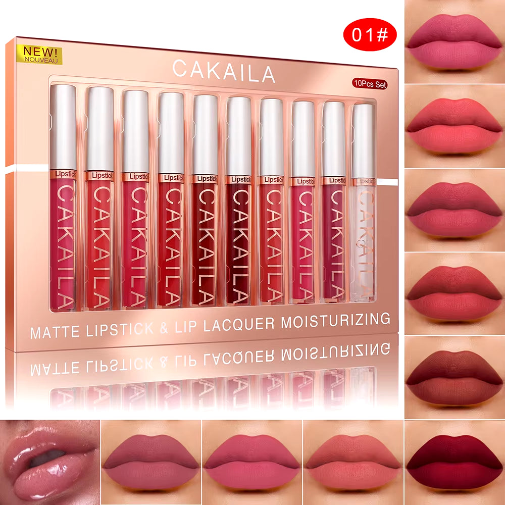 10Pcs/Set Nude Lip Gloss Matte Velvet Lipstick Waterproof Long-Lasting Liquid Lipstick Women Moist Lip Tint