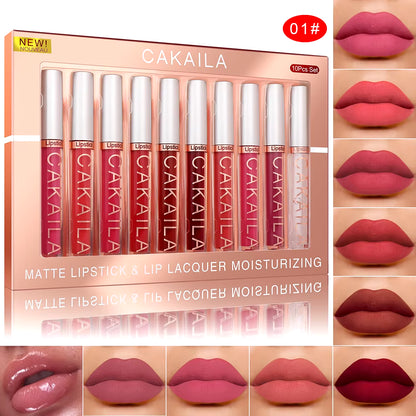 10Pcs/Set Nude Lip Gloss Matte Velvet Lipstick Waterproof Long-Lasting Liquid Lipstick Women Moist Lip Tint