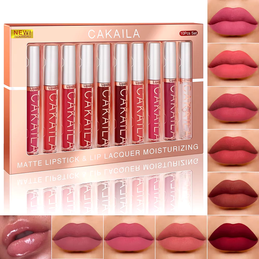 10Pcs/Set Nude Lip Gloss Matte Velvet Lipstick Waterproof Long-Lasting Liquid Lipstick Women Moist Lip Tint