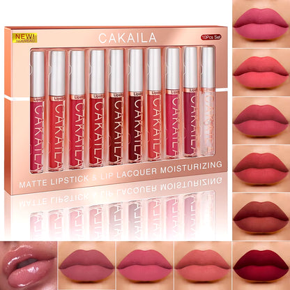 10Pcs/Set Nude Lip Gloss Matte Velvet Lipstick Waterproof Long-Lasting Liquid Lipstick Women Moist Lip Tint